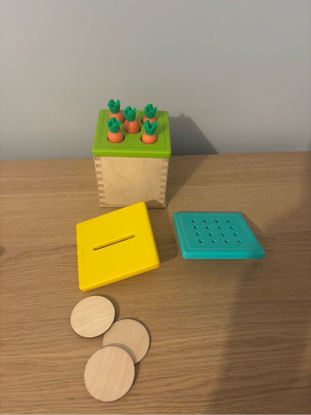 Lovevery Wooden Shape Sorter Box with Green and Orange Carrot Pegs